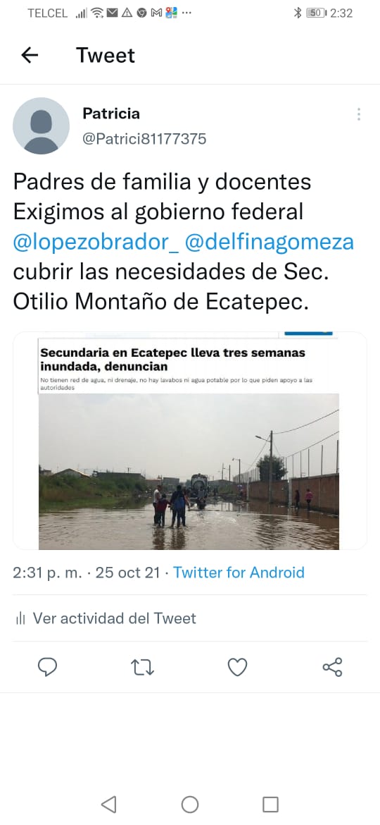 Josef46464149's tweet photo. Padres de familia y docentes demandamos la atención comprometida de las autoridades municipales de Ecatepec, de @lopezobrador_ y @delfinagomeza para cubrir las necesidades de la Sec. Otilio Montaño, inundada desde hace 3 semanas. https://t.co/UATPcg1l5E