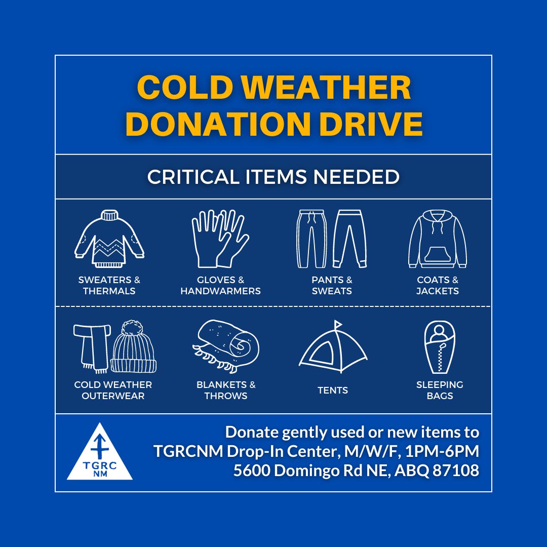 TGRCNM's tweet photo. We're getting ready to support our unhoused community members as the weather gets colder, and we need your help! https://t.co/HqS7VfBEmu
#donate #albuquerque #trans #lgbtq #community https://t.co/V5iu2O1uPr
