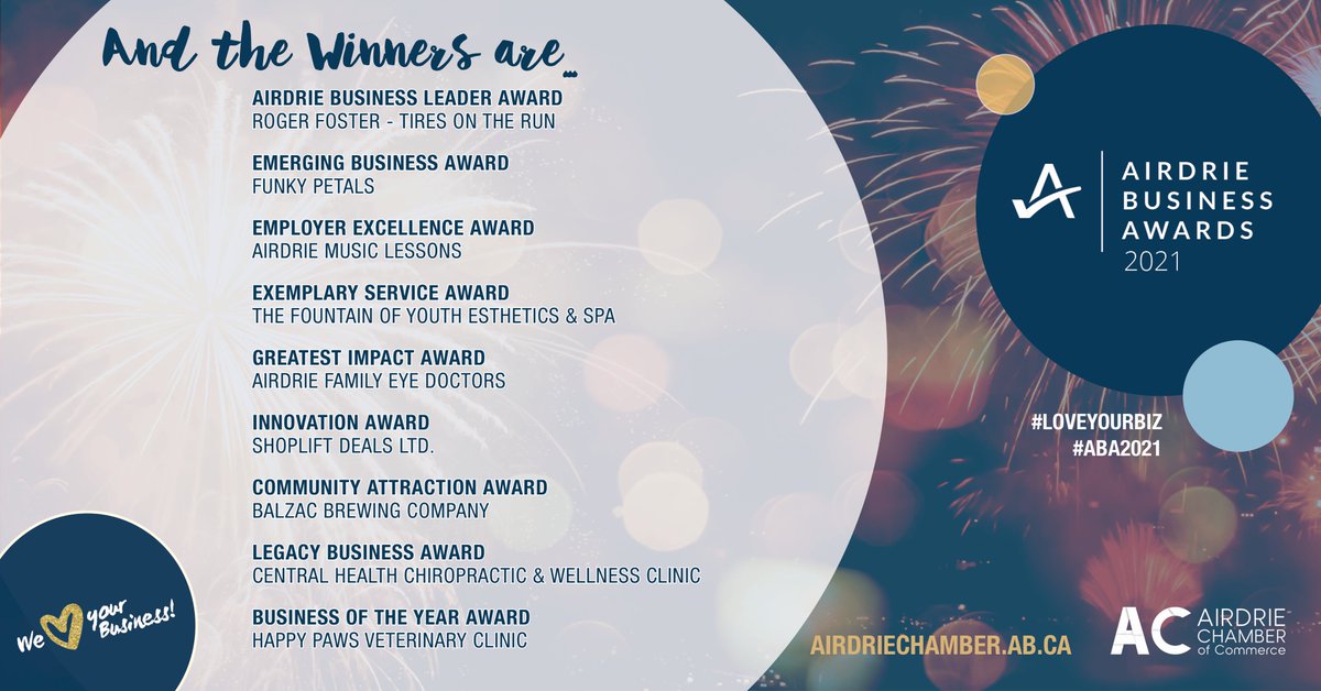 airdriechamber's tweet photo. Congratulations to the 2021 Airdrie Business Awards winners! 

#airdriechamber #actionthroughconnection #airdriebusinessawards #supportlocal #airdriebusiness #airdrie #community
#ABA2021 #LOVEYOURBIZ https://t.co/IKDX4sJsMH