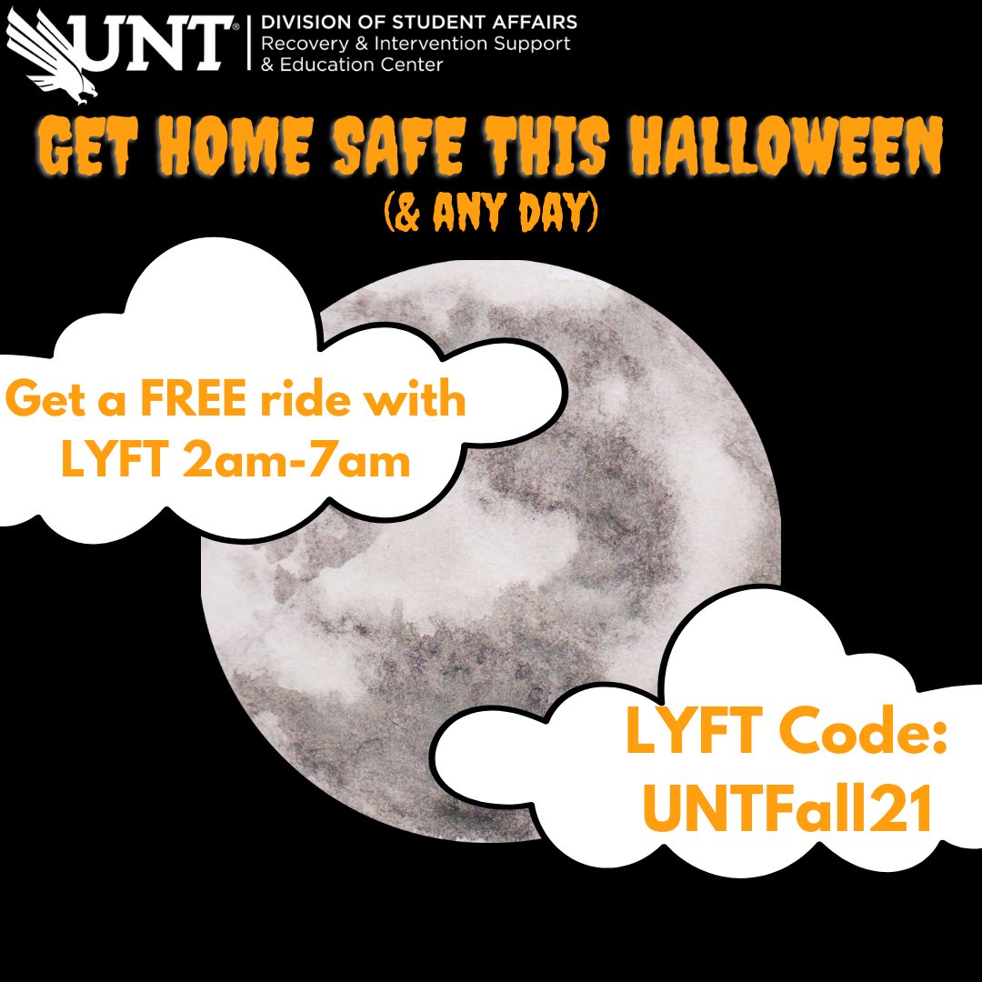 If you are drinking, plan a safe ride home. Use LYFT Code UNTFall21 for a FREE ride home between 2am-7am. #soberride #partysmarty #UNT #NCAAW