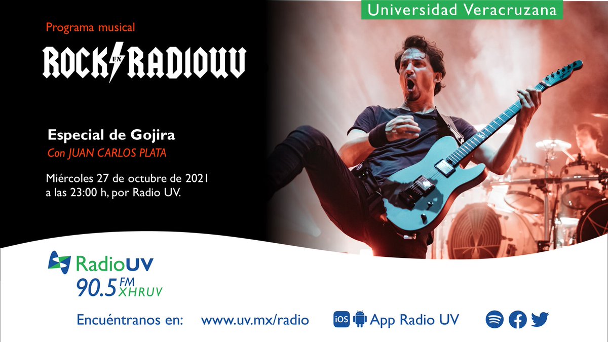 RadioUV's tweet photo. Juan Carlos Plata nos presenta un gran Especial de #RockEnRadioUV🤘🏼, prepara tus oídos para escuchar los mejores éxitos de la banda francesa #Gorija. ¡No te pierdas la transmisión el miércoles a las 23:00 h!
💥27 de octubre | 90.5 FM y en línea: https://t.co/WfczY0S4Qx https://t.co/pdIOo7j6PS