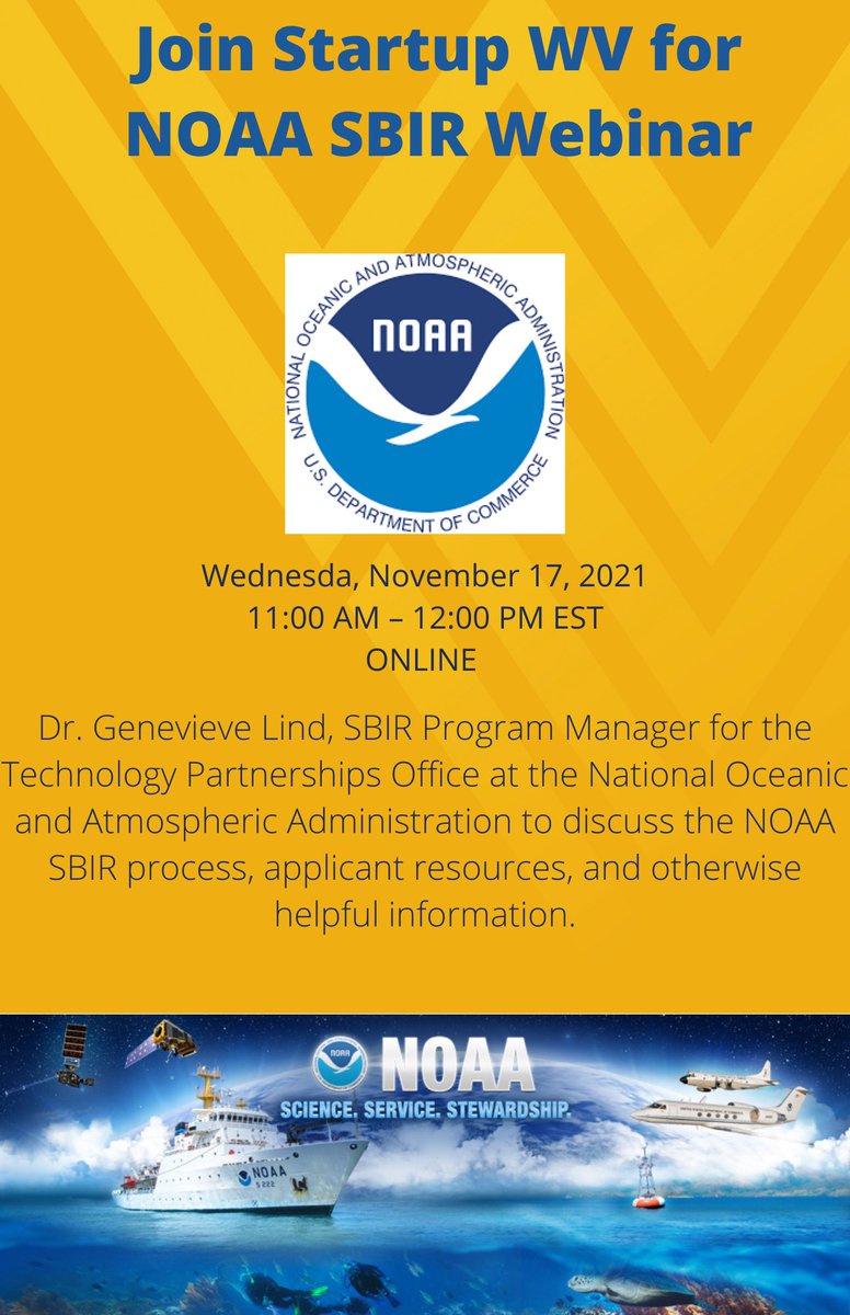TransTechEnergy's tweet image. Join StartUp West Virginia to learn about the NOAA SBIR process and program on November 17th, 2021 from 11:00AM - 12:00PM EST. To register visit: eventbrite.com/e/noaa-sbir-we…