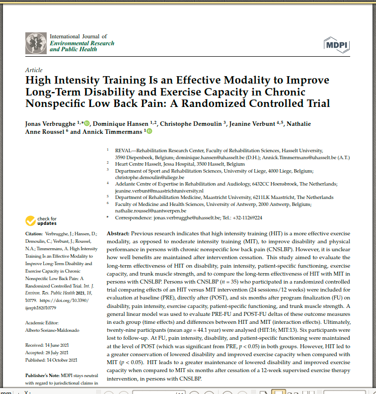 PhysioMeScience's tweet photo. High Intensity Training Is an Effective Modality to Improve Long-Term Disability and Exercise Capacity in Chronic Nonspecific Low Back Pain: A Randomized Controlled Trial 

https://t.co/MXuclHeGPl https://t.co/Ut5CQOsupd