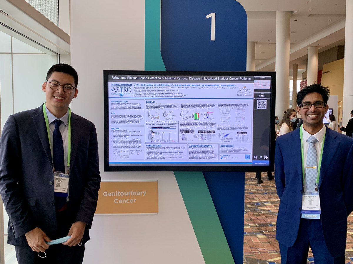 aadel_chaudhuri's tweet photo. #proudmentor moment with @KevinChenRT! He did an awesome job presenting his stellar research from my lab @WashURadOnc. #utDNA #ctDNA #bladdercancer #liquidbiopsy #ASTRO21 https://t.co/2wnPn4el5W