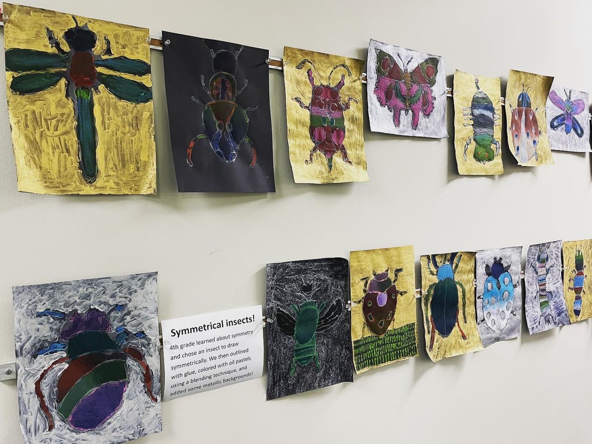 ShenandoahArt's tweet photo. 4th grade symmetrical insects! Created using oil pastels, Elmer’s glue, and metallic paints! https://t.co/o2K2dnJkhM