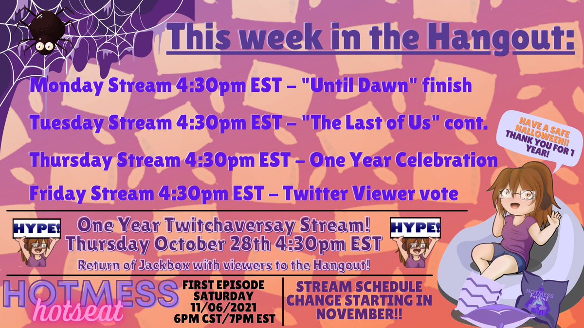 caligal1992's tweet photo. Take a peek at what we are up to this week!! Lots of exciting things coming up, including a stream schedule change starting Nov. 1st! Grab those pillows. It's a spooky week! #HotmessHangout #PillowFighters #WeekAtaGlance #StreamEvents https://t.co/eTnIyrTU86