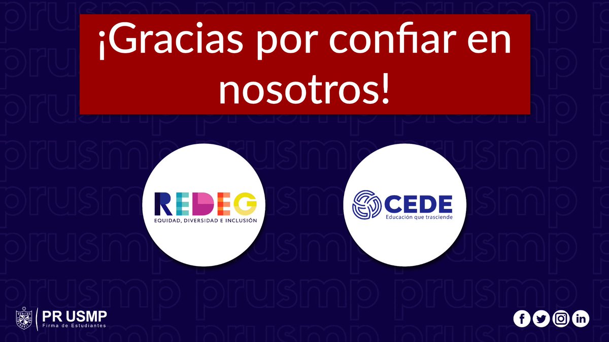 PRUSMP's tweet image. Presentamos a nuestras cuentas afiliadas, CEDE Educación que trasciende y REDEG, organizaciones con grandes proyecciones estratégicas en aras de dar cumplimiento a sus objetivos ✍🏻✨. 

Desde Firma PR USMP agradecemos su confianza 👔.
