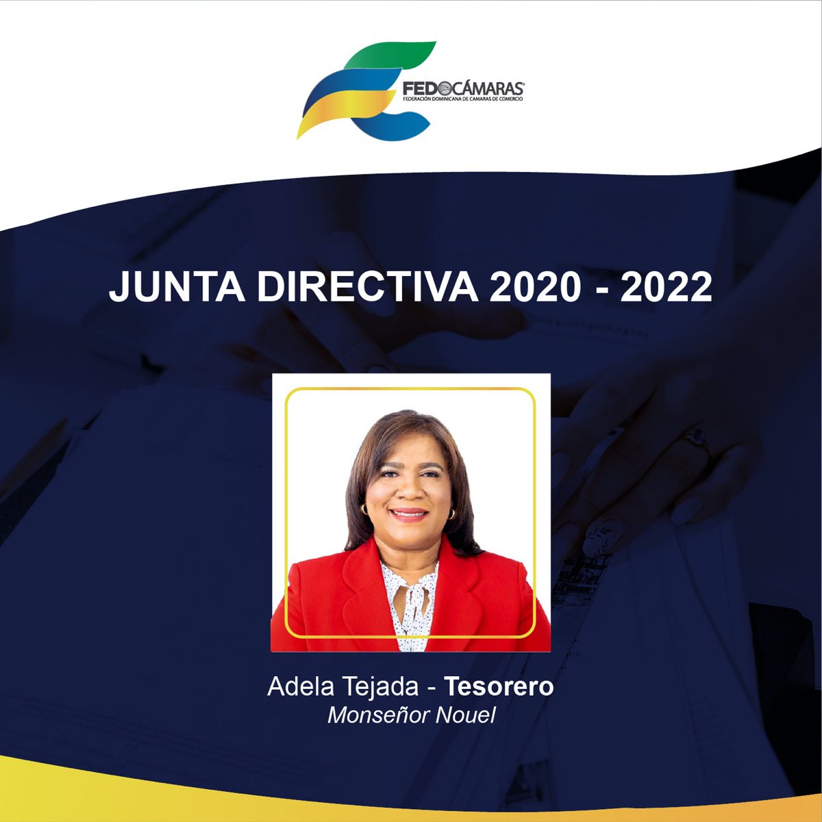¡Conoce los miembros de nuestra Junta Directiva!

Adela Tejada es tesorera de la Federación Dominicana de Cámaras de Comercio y presidenta de la Cámara de Comercio y Producción de Monseñor Nouel. Es licenciada en Contabilidad y en Derecho.

Conoce más en nuestra web.