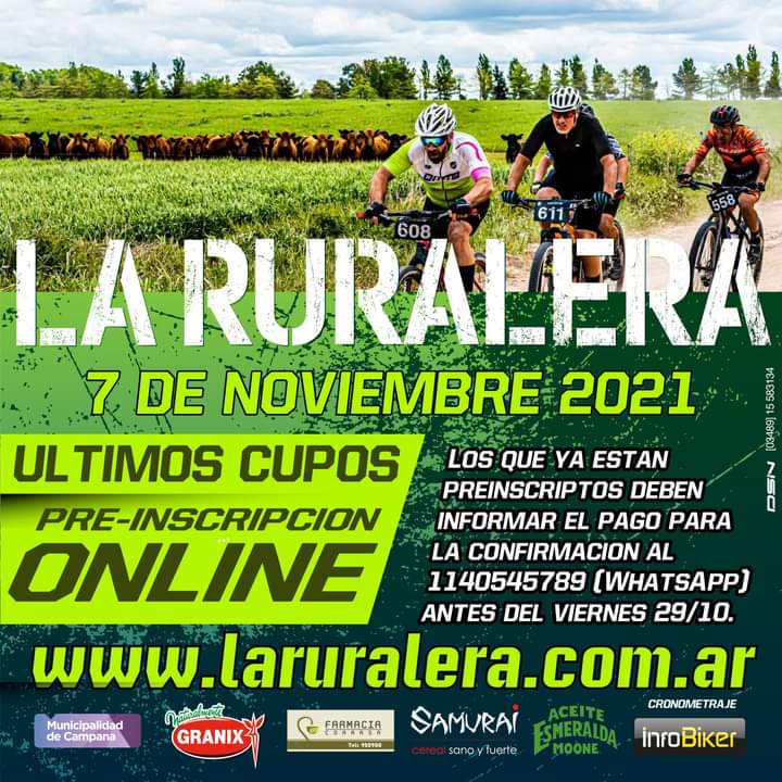 SARAVIAFERNANDO's tweet photo. RURALER@S QUEDAN LOS ULTIMOS CUPOS. 👉 INCRIPCIONES: https://t.co/aGS4nJZKw4
Los que ya están preinscriptos deben informar el pago para la confirmación al 1140545789 (whatsApp) antes del viernes 29/10.
#ruralbike
#ruralera 
#bicicletas 
#campana 
@infobiker https://t.co/c76uB8S0d1
