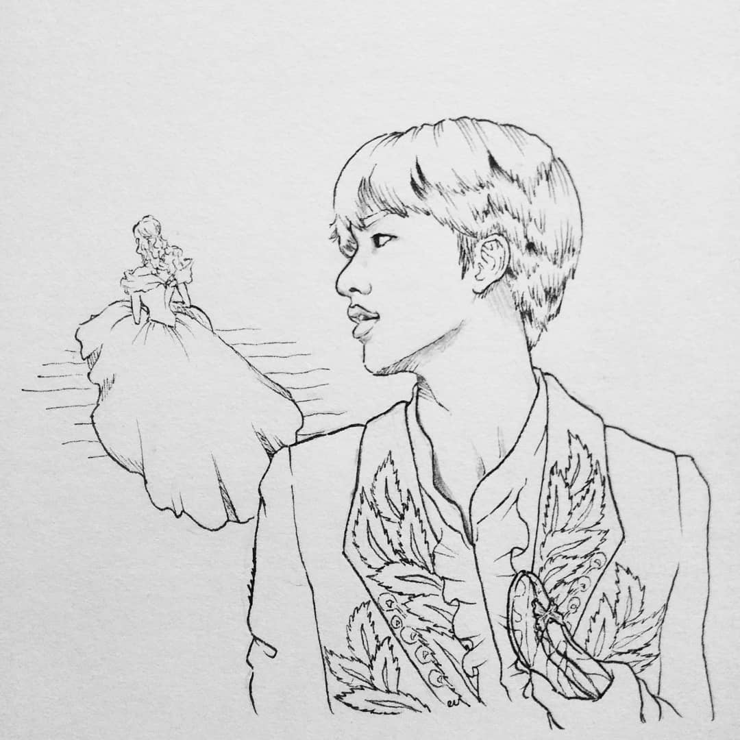 lenadoodled's tweet image. Reposting another old favorite before bed, this was for #inktober2018, the word was "breakable," for hearts and glass slippers alike. 👠✨ #lenadoodled #SEOKJIN
