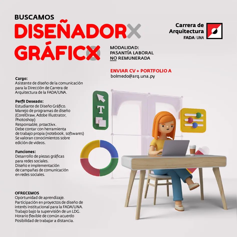 arqfada's tweet photo. ¡Es tu oportunidad de trabajar en grandes proyectos de diseño y comunicación para la Universidad Nacional de Asunción! Te estamos buscando. 

Modalidad: pasantía laboral NO remunerada.

enviar CV + portfolio a bolmedo@arq.una.py https://t.co/ZA9a8Y3Ed6