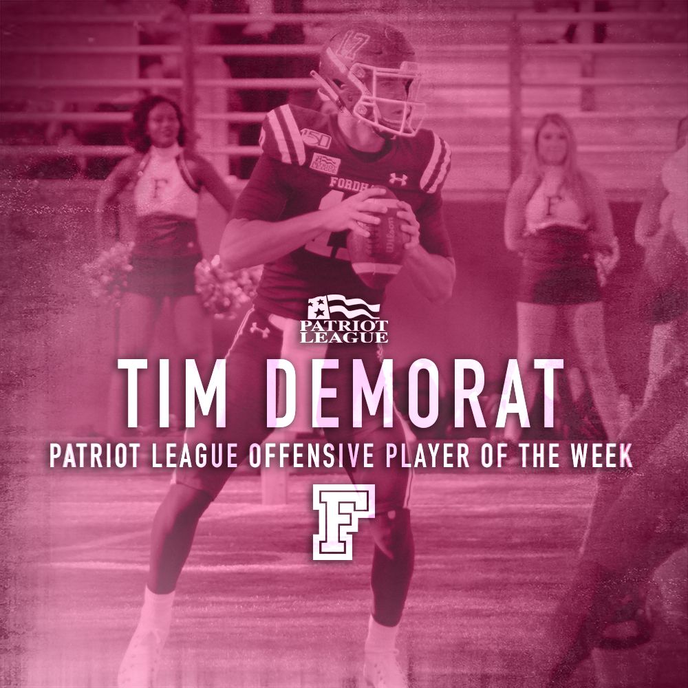 FORDHAMFOOTBALL's tweet photo. Congratulations to QB TIM DEMORAT for receiving the Patriot League Offensive Player of the week &amp; LB JAMES CONWAY  Patriot League Defensive Player of the week honors for their performances vs  Lehigh this past weekend! 🐏🏈

#RAMILY https://t.co/mmJ1c09Sir