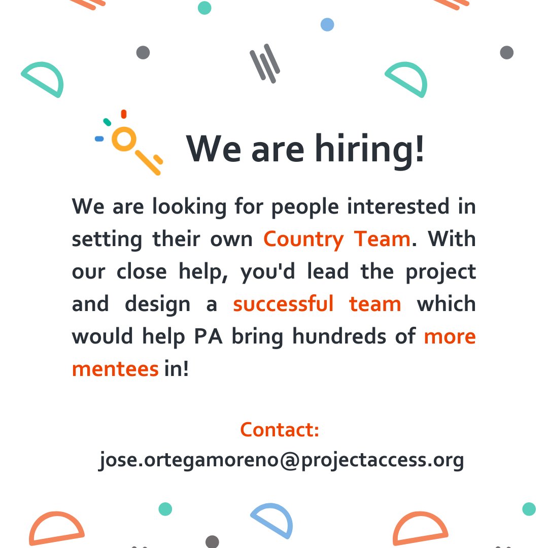Project Access (@projectaccess_) on Twitter photo We’re Hiring! There’s an amazing opportunity to start and lead your own Country Team at Project Access, and make an impact! Contact Jose (jose.ortegamoreno@projectaccess.org) for more information! Comment if you’re excited for this opportunity! 🚀 We’re Hiring! There’s an amazing opportunity to start and lead your own Country Team at Project Access, and make an impact! Contact Jose (jose.ortegamoreno@projectaccess.org) for more information! Comment if you’re excited for this opportunity! 🚀