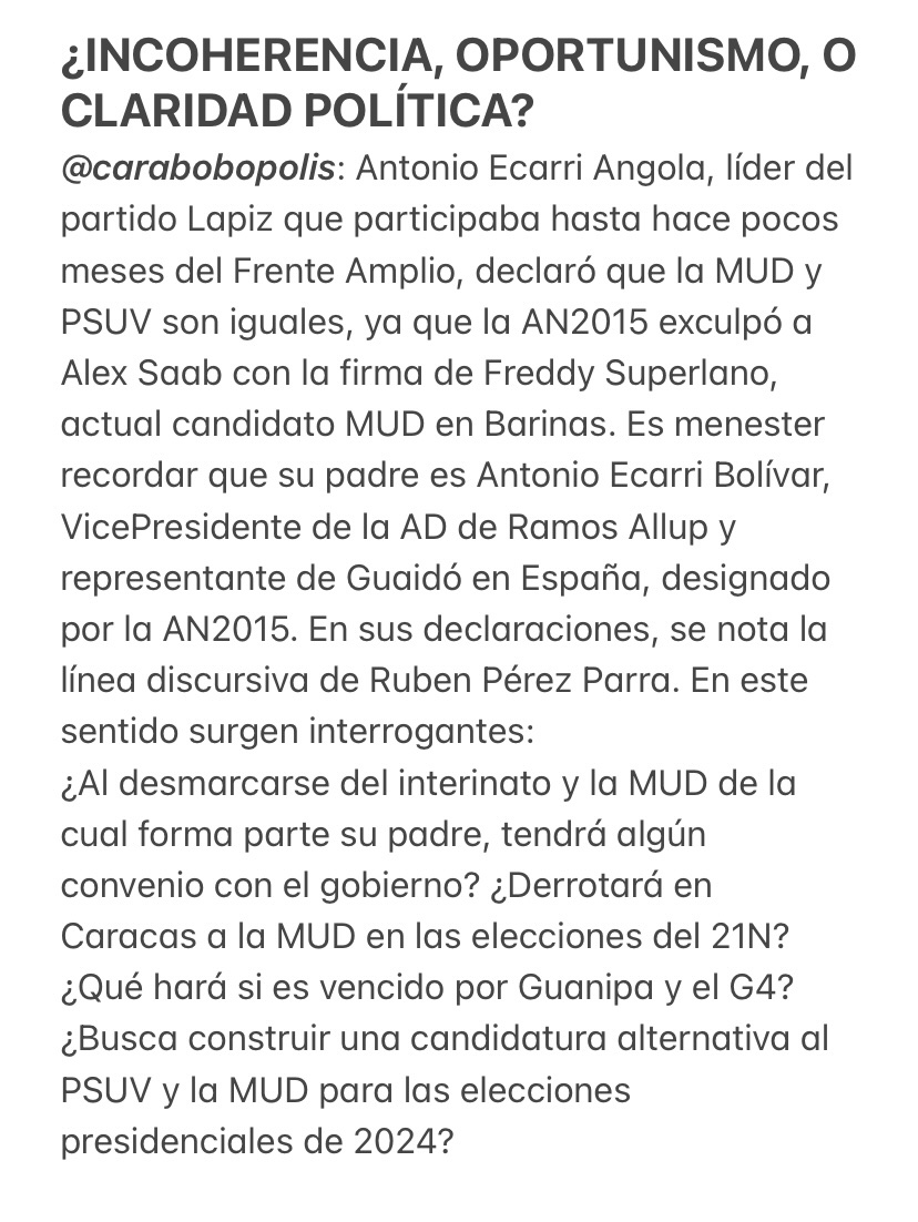carabobopolis's tweet photo. #CaraboboPolis “¿Incoherencia, oportunismo o claridad política?” Ay dios pero es que esta cuenta no cuadra por más lapiz que eche… vamos a ver qué pasa @aecarri @EcarriB @rhperezsilva @rhpp69 https://t.co/w2p2qc7r5X