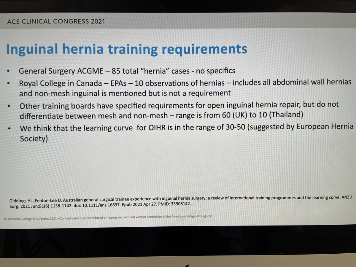 Herniadoc's tweet image. The learning curve for open #inguinalhernia repairs is higher than what most surgery Residents graduate with. Also, most residency programs around the world do not have various detailed techniques of #herniarepairs taught. 

@MelinaVassiliou @AmCollSurgeons #ACSCC21