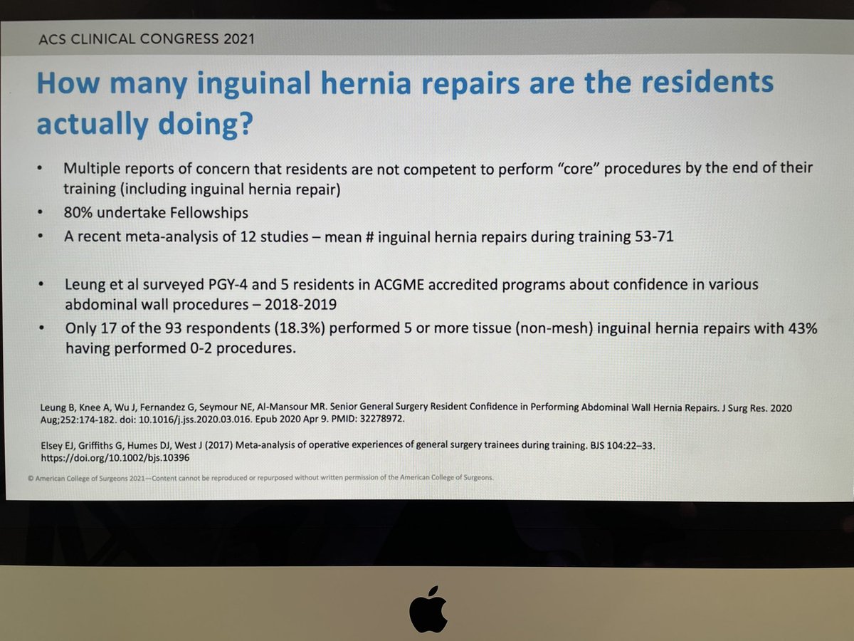 Herniadoc's tweet image. The learning curve for open #inguinalhernia repairs is higher than what most surgery Residents graduate with. Also, most residency programs around the world do not have various detailed techniques of #herniarepairs taught. 

@MelinaVassiliou @AmCollSurgeons #ACSCC21