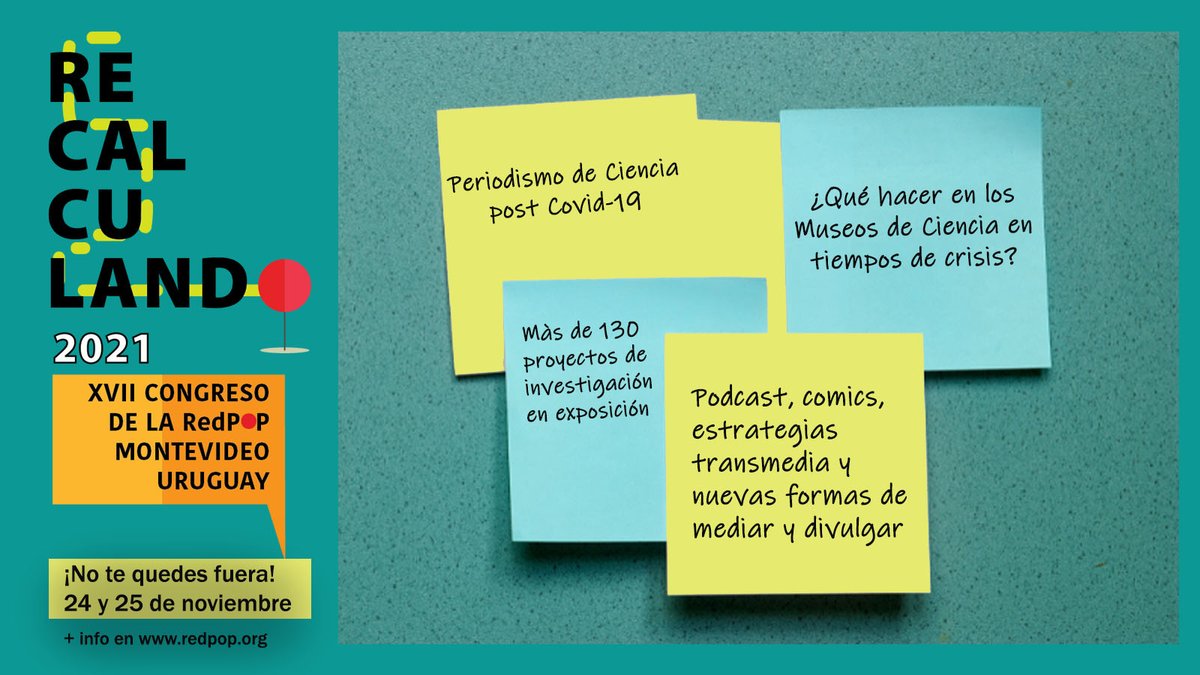 No te pierdas las distintas conferencias, talleres y mesas redondas que trae #Recalculando2021, en donde conversaremos de nuestras experiencias sobre el desafío de la divulgación científica durante la pandemia. Inscribete en el siguiente link
redpopcongreso2021.com