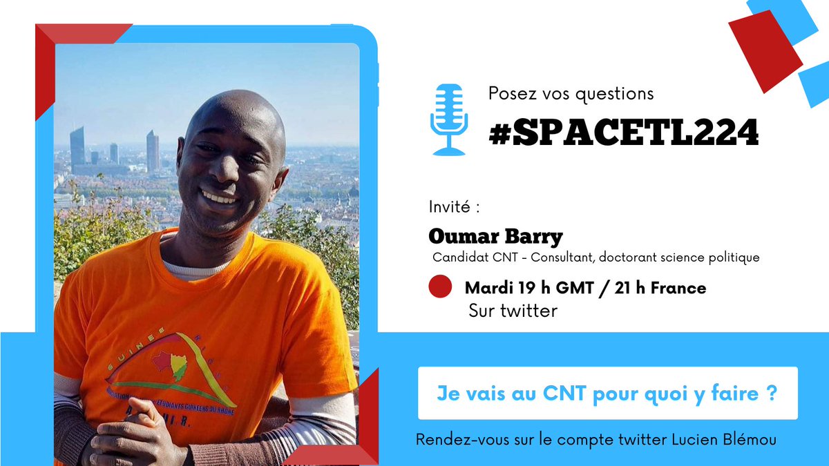 blemoul's tweet photo. #SpaceTL224 : rendez-vous demain mardi à 19 h GMT / 21 h en France pour un débat autour de la représentation jeune au CNT.
Activez la cloche pour un rappel !
Que la parole se libère !

Cliquez ici ▶️ https://t.co/orzDpranbt

#Guinee #TL224 #Kibaro 
CC @Shemademboy @elbahdara https://t.co/RiTEVpl9DR