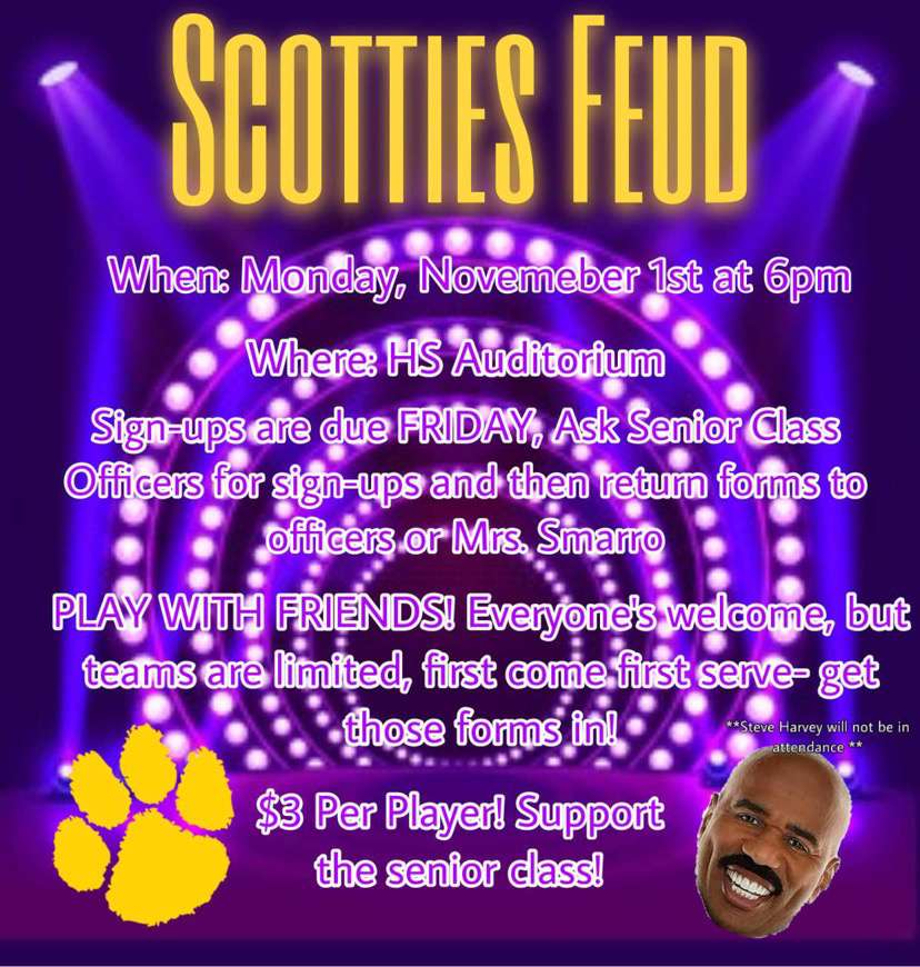 bspaclassof2022's tweet photo. In place of Mr. Ballstonian we are holding Scotties Feud! get your forms in ASAP to secure a spot for your team, link in bio for sign-ups to be printed!! https://t.co/DMGsRNBzZR