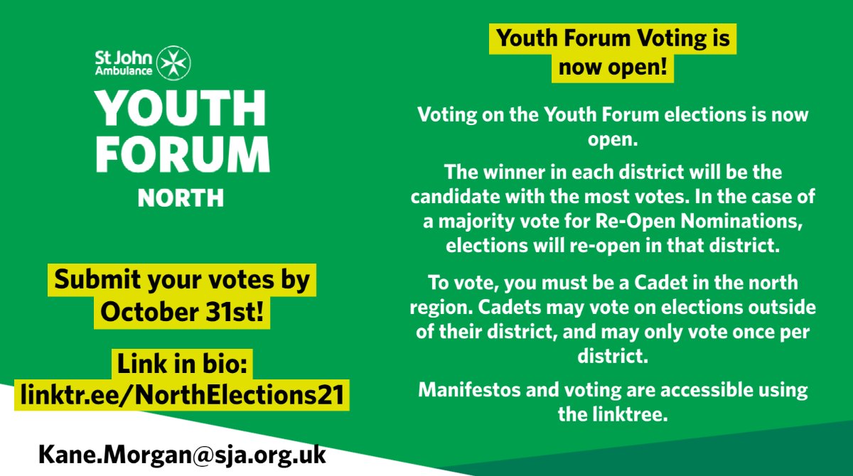 The Youth Forum Elections have now opened for voting. Any Cadet in the North region can vote - voting closes at 7.00pm on October 31st.
Go to linktr.ee/NorthElections… to view the manifestos and get a link to vote.