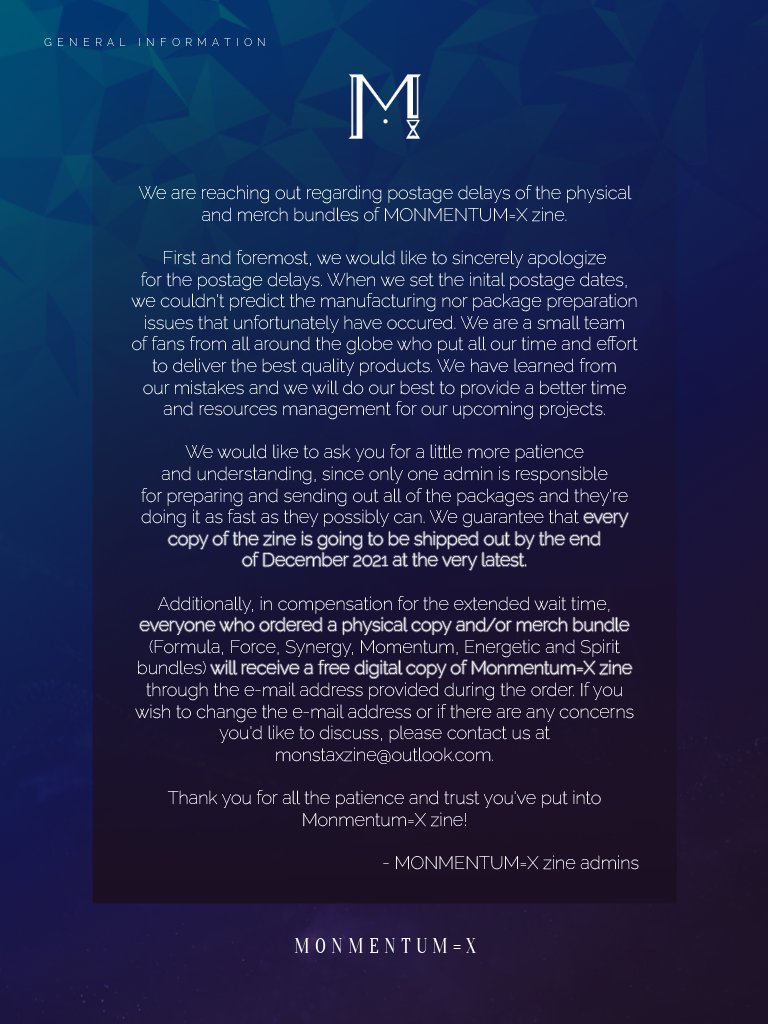 MonmentumX's tweet photo. An update regarding MONMENTUM=X zine bundles shipping delays: https://t.co/9OEecmtF0w
