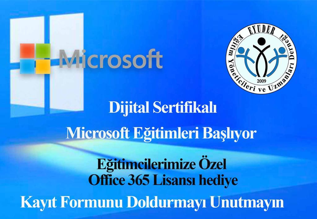 EYUDER ve <a href="/MicrosoftTR/">Microsoft Türkiye</a> işbirliği ile düzenlenecek olan dijital sertifikalı eğitimlerimize kayıt olmayı unutmayınız.  forms.office.com/r/x8EwtxYZxx 

Eğitimler Ücretsizdir