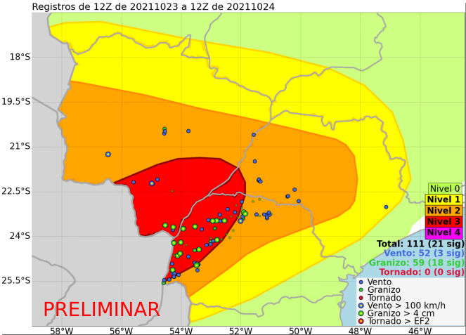 prevots_svr's tweet photo. Registros preliminares de tempo severo entre 12Z de 23 e 12Z de 24/10/2021. O maior granizo registrado foi de aproximadamente 9 cm (estimado) em Iguaraçu-PR na noite do dia 23, e a mais intensa rajada de vento foi de 138 km/h no aeroporto de Bonito-MS na manhã de 23/10. https://t.co/bK9q5qH9Xd