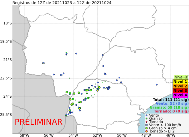 prevots_svr's tweet photo. Registros preliminares de tempo severo entre 12Z de 23 e 12Z de 24/10/2021. O maior granizo registrado foi de aproximadamente 9 cm (estimado) em Iguaraçu-PR na noite do dia 23, e a mais intensa rajada de vento foi de 138 km/h no aeroporto de Bonito-MS na manhã de 23/10. https://t.co/bK9q5qH9Xd