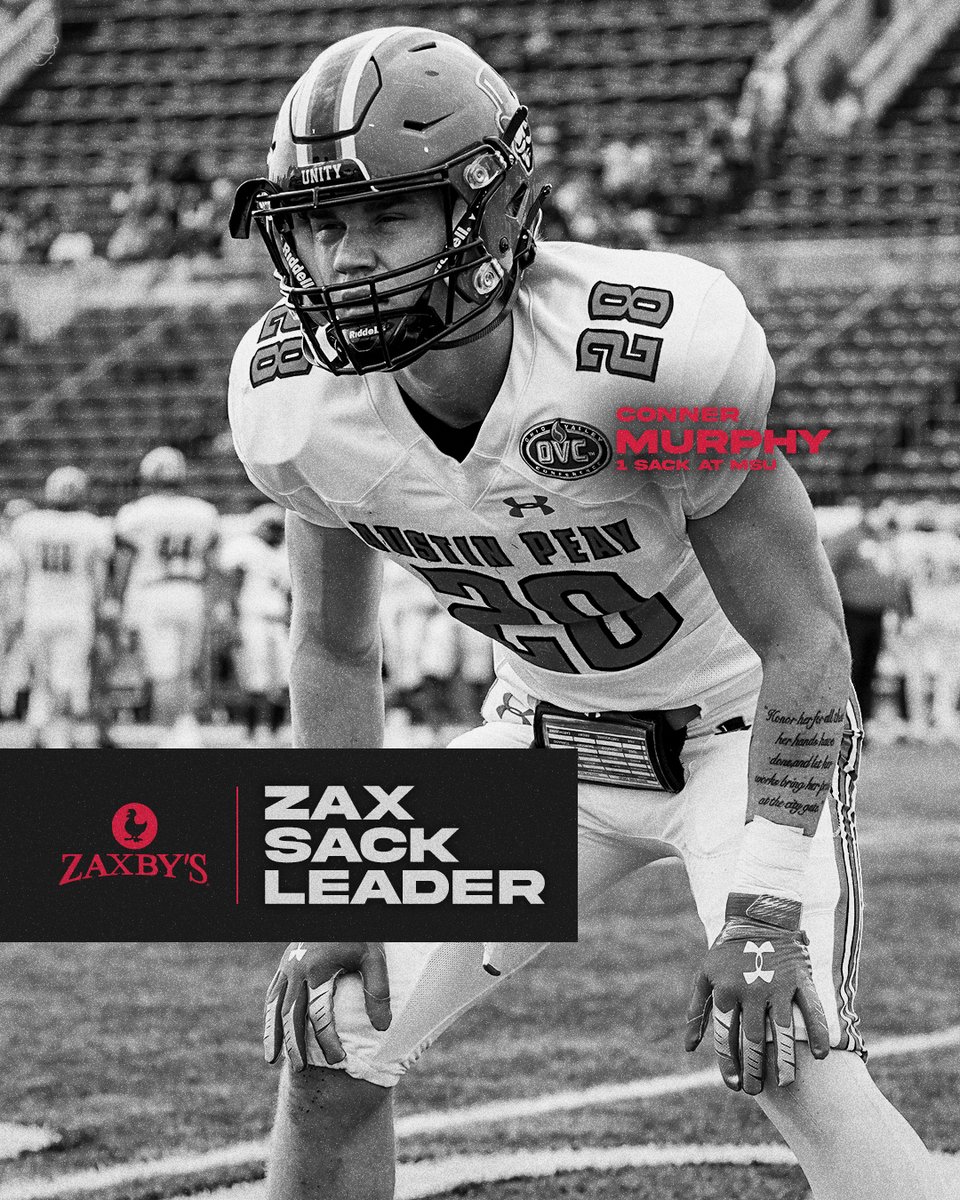 GovsFB's tweet image. This week's @ZaxbysTrentonRd Sack Leader is Conner Murphy! 

The sophomore linebacker found his way into the backfield Saturday  to bring the Murray State quarterback down!

#LetsGoPeay | #ChaseTheLion
