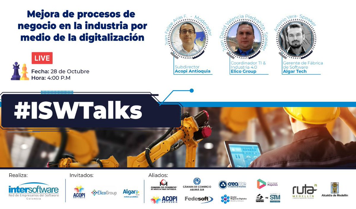 CocrearP's tweet image. 🔵 Tenemos una cita con #ISWTalks, para conocer junto a expertos de @GroupElico y @algartech como mejorar los procesos de negocio por medio de la digitalización, con la moderación del Subdirector de @ACOPIAntioquia. Inscríbete aquí bit.ly/3ibMFne

🗓 28 de octubre
⏰ 4pm