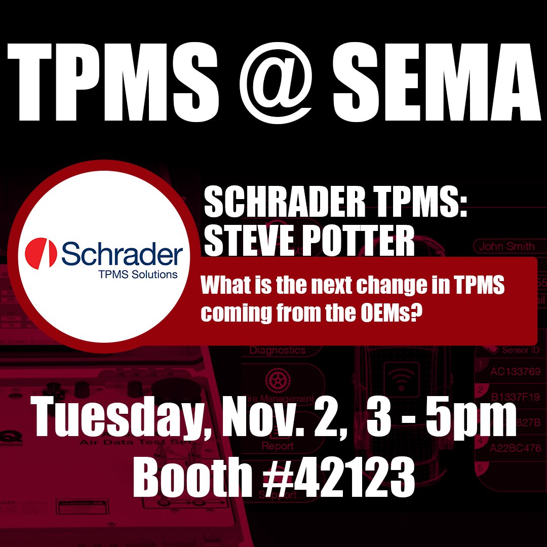 🚨Speaker highlight - Steve Potter, #SchraderTPMS 🚨

The world of TPMS is constantly evolving. Join Steve Potter for an in-depth look into the future of TPMS and how OEMs are paving the way forward. 

Only 8 days until the event of the year!

#ATEQ #Partners #SEMA2021 <a href="/SEMASHOW/">SEMA Show</a>