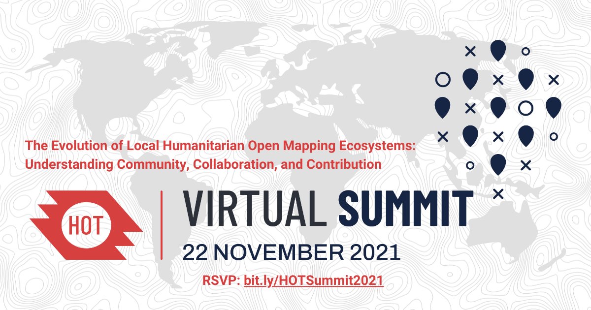 hotosm's tweet image. On November 22, join mappers from around the world to explore the evolution of local #humanitarianmapping ecosystems! You can register for free or support the #HOTSummit2021 with a PLUS registration! 

 More info ➡️ bit.ly/HOTSummit2021

#openstreetmap #opensource