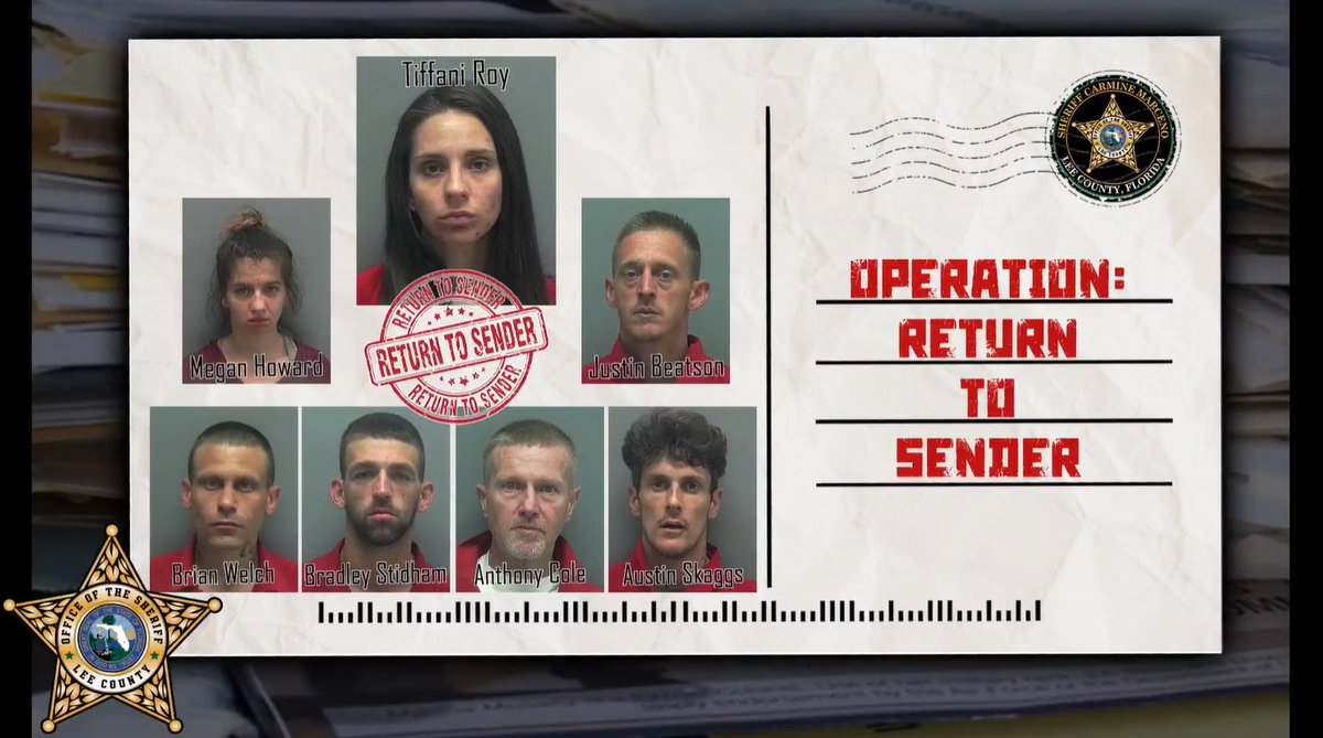 SheriffLeeFL's tweet photo. Sheriff Carmine Marceno announced the arrest of seven people as part of #OperationReturntoSender. 

Full press conference here: https://t.co/T3OQP2uTWN

#SheriffCarmineMarceno #LeeCounty https://t.co/RH27iUg1eh
