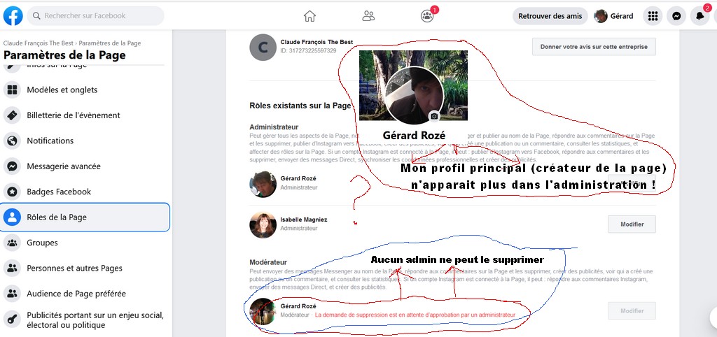 C_Fthebest's tweet photo. @Facebook Je suis le créateur de la page Facebook "Claude François The Best" et il y a des problèmes :
1 - Mon profil principal n'apparait plus dans l'administration de la page.
2 - Aucun administrateur n'arrive à supprimer le profil, cela reste bloqué (voir capture d'écran) https://t.co/KuRSwXXIkQ