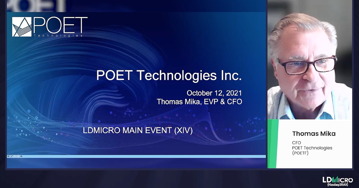 SRAXmedia's tweet photo. Here's a screenshot from the @POETtech presentation at the #LDMicroMainEvent. $POETF was one of the most viewed videos!
Go to https://t.co/elV1ET7Mtb https://t.co/8LHyCQHOWD to watch the full presentation. https://t.co/YQJk2l8shF