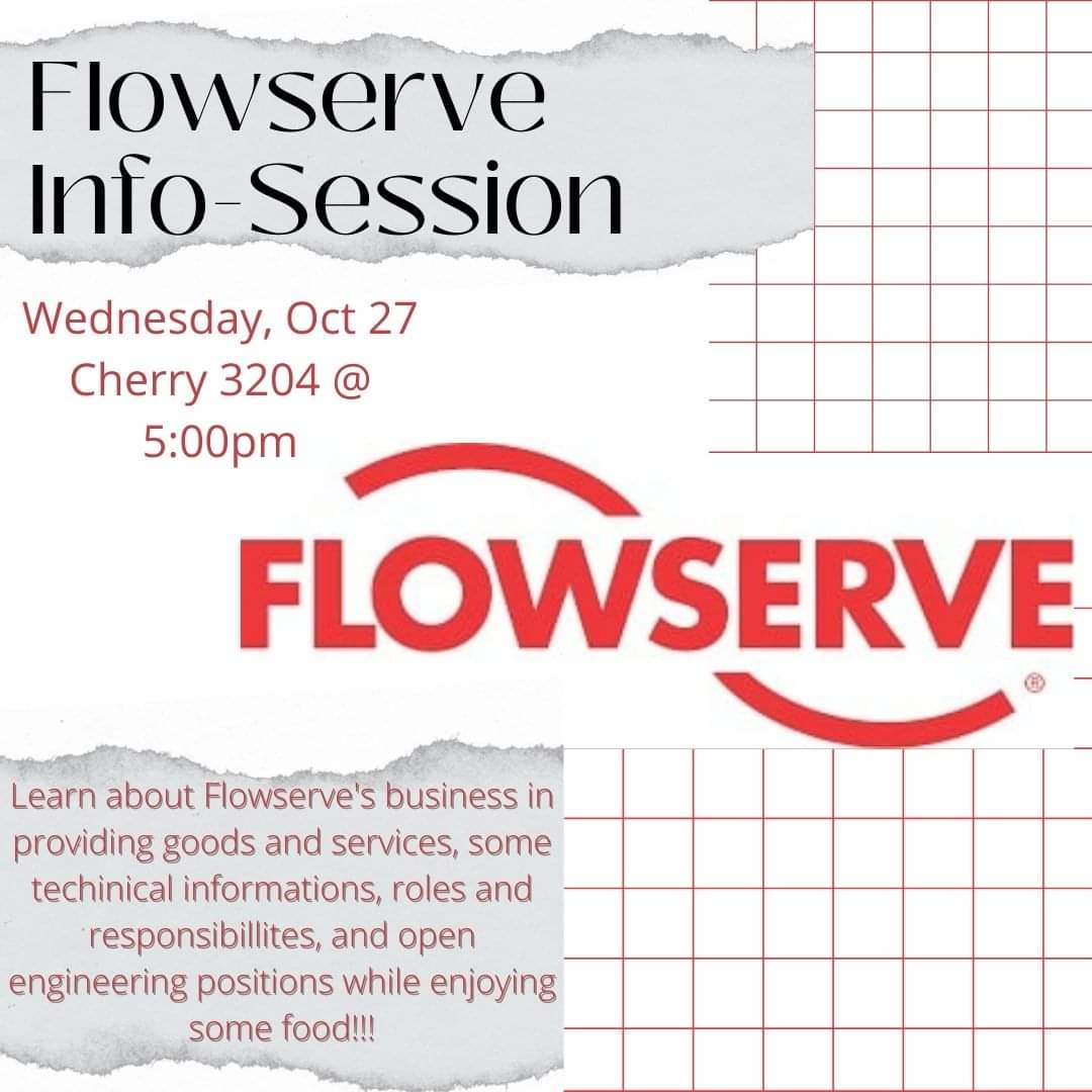 SweLamar's tweet photo. Flowserve Information Session
Wednesday, Oct 27th in Cherry 3204 at 5 pm!

Learn about Flowserve's business in providing goods and services, some technical information, roles and responsibilities, and open engineering positions while enjoying some food! https://t.co/K8ZYR1RJ8g