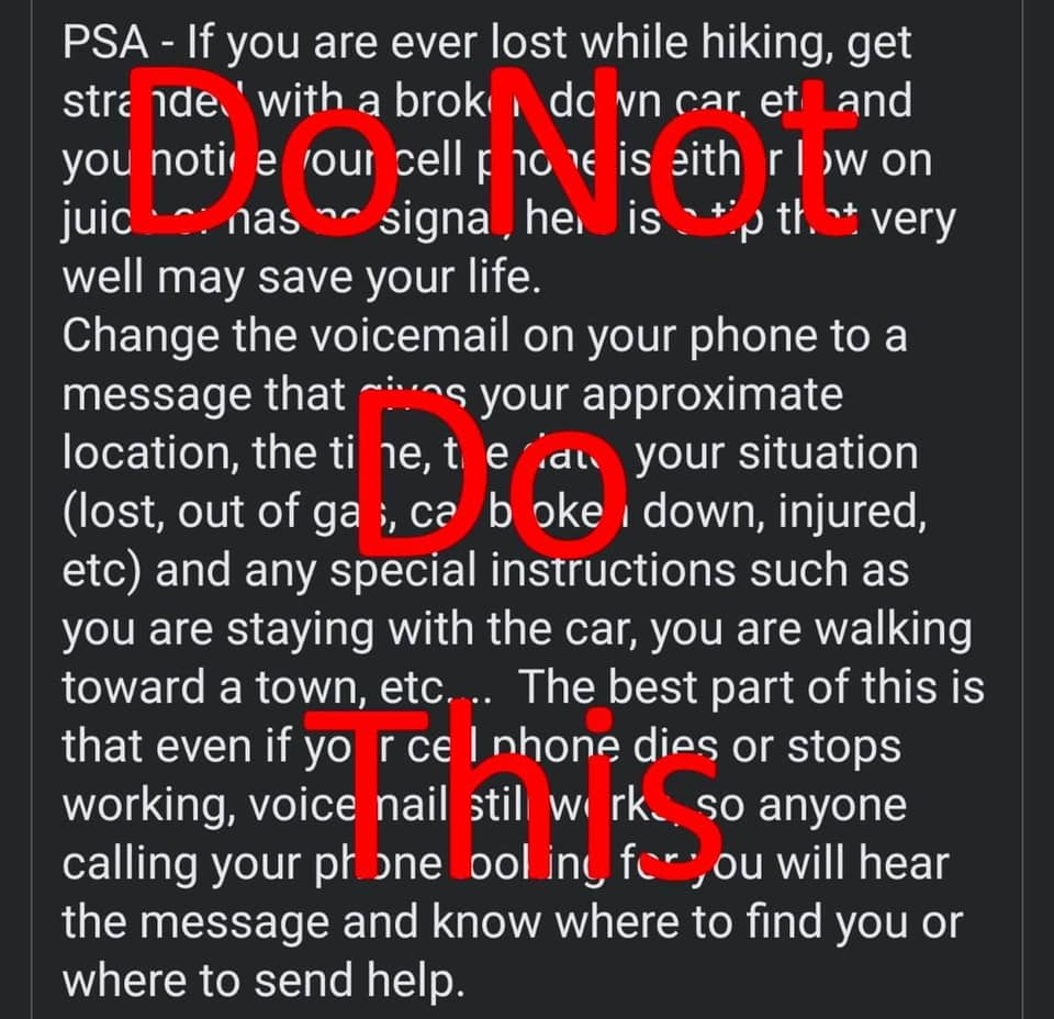 HalifaxSAR's tweet image. We've gone viral for the all the wrong reasons. The latest idea about changing your voicemail if you're lost is a bad idea. Call 911. We shouldn't need to say it. Please be @BCAdvSmart! Trip plan, train, take the seasonal essentials. For more info visit;  bit.ly/3CjJt0Q