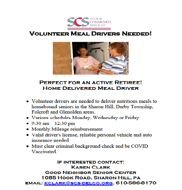 Volunteers Needed! SCS Good Neighbor Senior Center is seeking volunteers to deliver meals Mondays, Wednesday, and Fridays between 9:30AM and 12:30PM. Click on the graphic for more details. 

#HelpElders #HealthyAging #Volunteerism