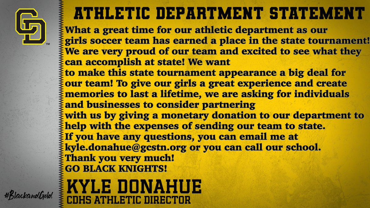CDHS_Athletics's tweet photo. Consider helping send our girls to state! #BlackandGold https://t.co/zLu1qrt1YW
