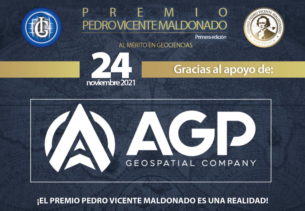 🔊Conoce a nuestros auspiciantes | El premio “Pedro Vicente Maldonado”🏅es apoyado por la empresa privada AGP <a href="/agpgeospatial/">AGP GEOSPATIAL COMPANY</a>
🌎Participa de este evento que busca reconocer el aporte de las geociencias en el desarrollo del Ecuador
📅24/11/2021
⏰17:00
🔗Facebook Live <a href="/CIGP_EC/">@CIGP EC Colegio de Ingenieros Geógrafos Pichincha</a>