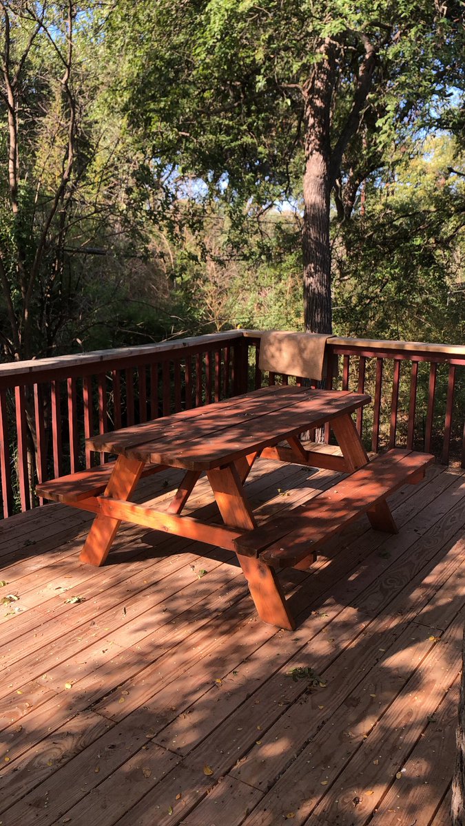 boobop00's tweet photo. My friends always want to hang at my place but I have no patio furniture so I jokingly said we should steal a picnic table from the bar one time. I just woke up to this on my deck. My friends are so stupid I love them https://t.co/2eei4hNxUF