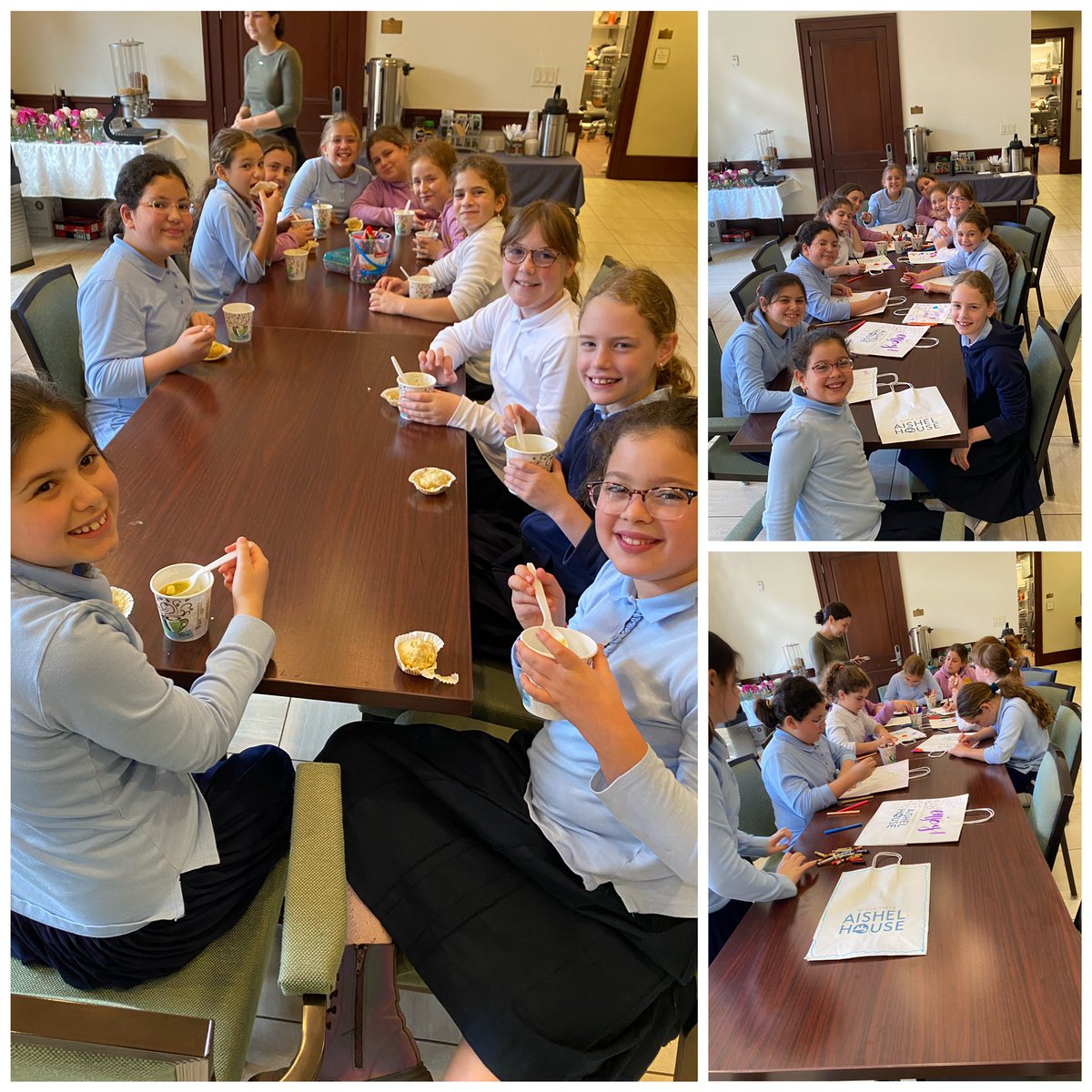TorahDaySchool's tweet photo. “Mitzvah Goreret Mitzvah” means one mitzvah leads to another. The 5th and 6th grade girls brought in the most Mitzvah bricks in Mendel’s Mitzvah Marathon and were rewarded with a trip to @AishelHouse where they make soup, cupcakes, &amp; decorated bags for patients. TY Aishel House! https://t.co/f7e5Q1n54m