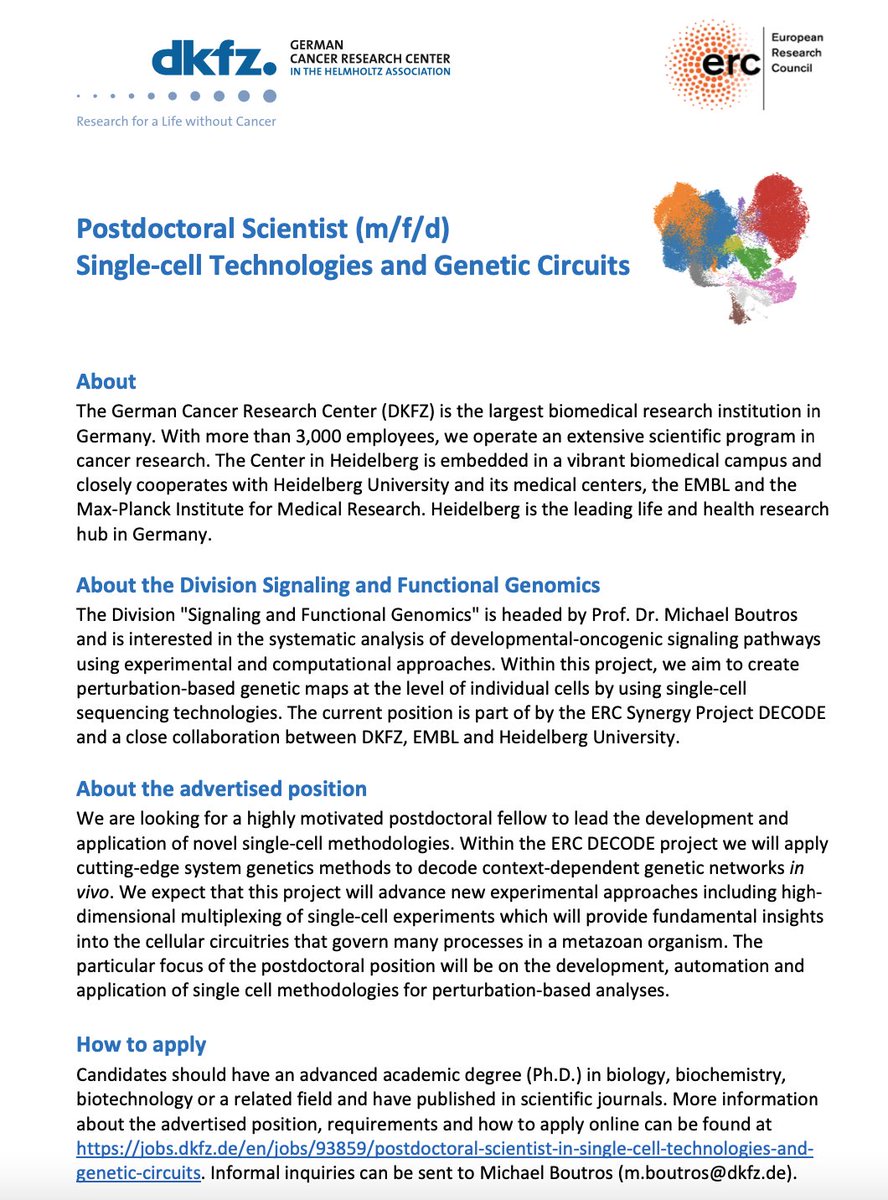 Michael Boutros (@michael_boutros) on Twitter photo We are looking for a postdoctoral scientist to join our group to work on perturbation-based single cell state maps. Great collaboration with @wolfgangkhuber <a href="/OliverStegle/">Oliver Stegle</a> <a href="/Meristemania/">Jan Lohmann</a> as part of a <a href="/ERC_Research/">European Research Council (ERC)</a> Synergy Project.
Please RT
#Heidelberg
jobs.dkfz.de/en/jobs/93859/… We are looking for a postdoctoral scientist to join our group to work on perturbation-based single cell state maps. Great collaboration with @wolfgangkhuber <a href="/OliverStegle/">Oliver Stegle</a> <a href="/Meristemania/">Jan Lohmann</a> as part of a <a href="/ERC_Research/">European Research Council (ERC)</a> Synergy Project.
Please RT
#Heidelberg
jobs.dkfz.de/en/jobs/93859/…