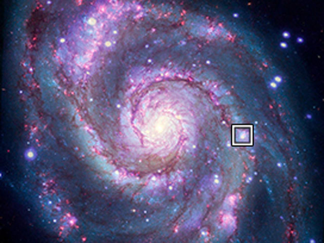The Whirlpool Galaxy is seen as a spiral with a small box to the right of center indicating where an exoplanet candidate was spotted in transit.
