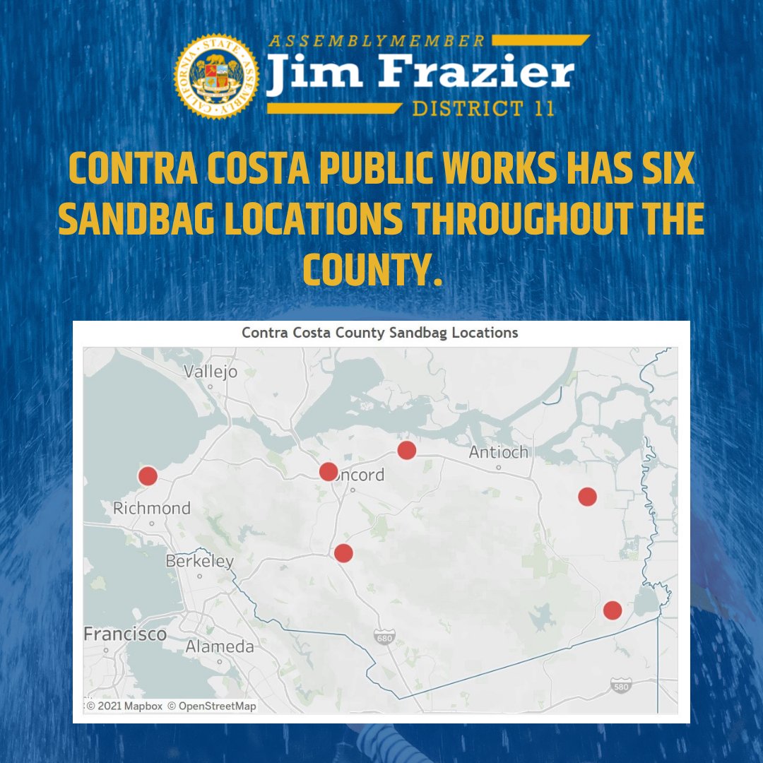 Sand and bags are free! Please bring a shovel in the event there is no one at the sandbag station. contracosta.ca.gov/5976/Sandbags ⛈⛈

#contracostacounty #AD11 #Antioch #CAdelta #Brentwood #Oakley #Pittsburg #RioVista #BethelIsland #Byron #DiscoveryBay #Knightsen #WalnutGrove