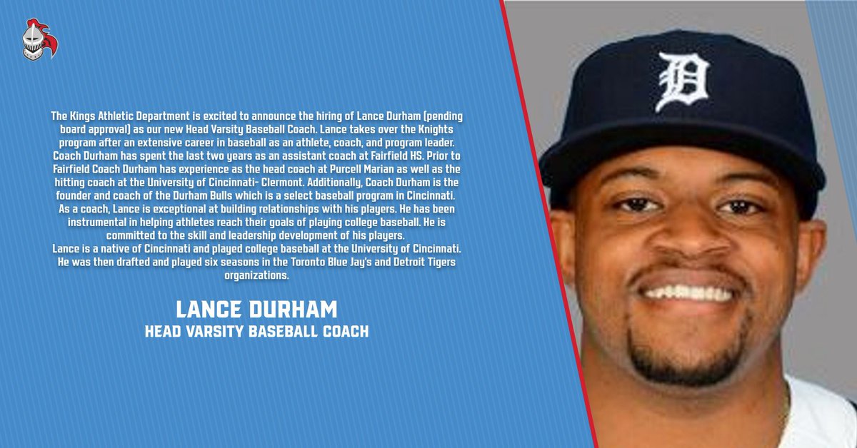 kingsathletics's tweet image. We are excited to welcome Coach Lance Durham to the Kings Knights Family as our new Head Varsity Baseball Coach (pending board approval). Can’t wait to work w/Coach Durham @CoachBullJr @CoachE_Taylor @Kings_HS @Kings_Schools @MikeDyer @sspringersports @EnquirerShelby @ECC_Sports