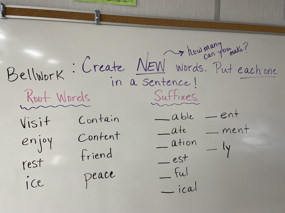SPrychidny's tweet photo. Manic ☔️ Monday! Learned about suffixes this morning in order to create as many words as we could with the “root words” and then put them into sentences. Fun times listening to what students came up with. @StBeneHCDSB #bellwork https://t.co/pd1ZMvrZeG