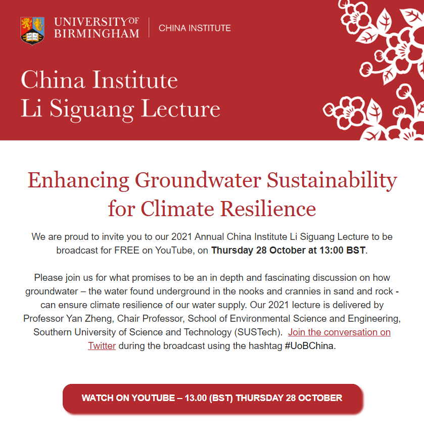 GroundwaterMike's tweet photo. 28th October, 13:00 BST: You can also join the @UOBChina 2021 Li Siguang Lecture by Prof Yan Zheng on Facebook here https://t.co/NI3wZHzUsZ to hear how managed #aquifer recharge can help enhance #groundwater sustainability &amp; promote #climate resilience #COP26Glasgow https://t.co/883zIvGIu6