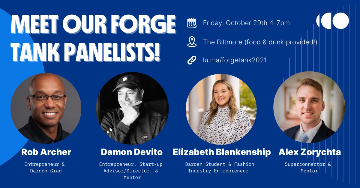 Forge (formerly HackCville) (@meetforge) on Twitter photo Introducing our ForgeTank panelists! Our panelists come from a variety of backgrounds that can help you jumpstart your dream business plan. See you on Friday!
#ForgeTank #businessidea Introducing our ForgeTank panelists! Our panelists come from a variety of backgrounds that can help you jumpstart your dream business plan. See you on Friday!
#ForgeTank #businessidea