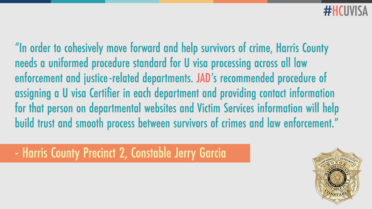 HCOJS's tweet photo. The adoption of the U visa Model Policy will help make the certification process more consistent for survivors, & would help set a standard for other jurisdictions to follow. #HCUVISA #UVISA #HARRISCOUNTY @HarrisCoJudge @hcpct1 @HarrisCoPct2 @HarrisCoPct3 @HCPrecinct4 @USCIS https://t.co/R3OZw63kH3